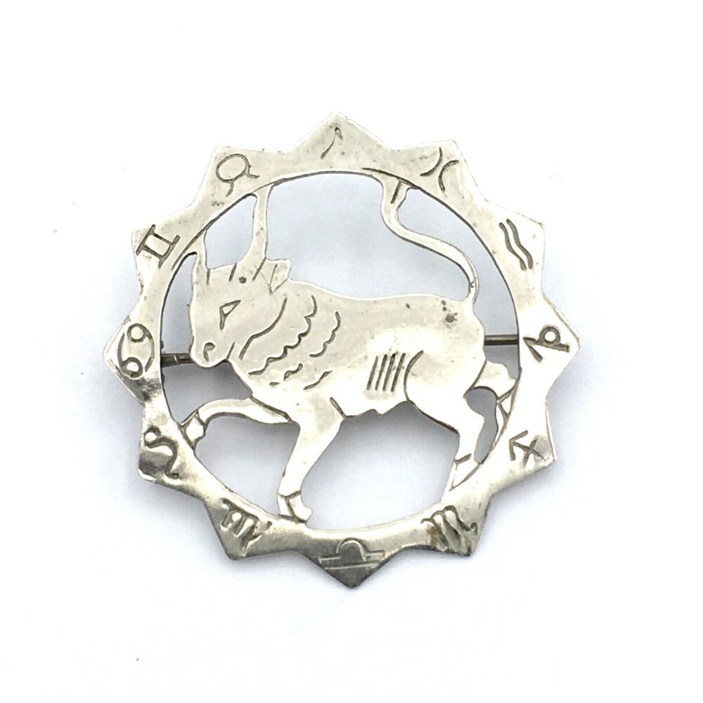 TAURUS zodiac silver-tone brooch - German patent Czech made C clasp astrology